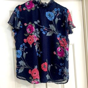 New Direction Navy Swiss Dot Floral Top